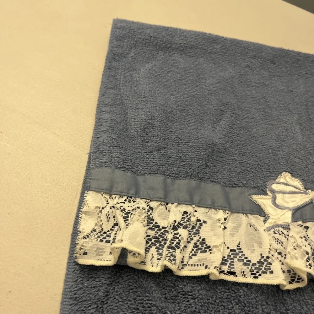 Vintage Hand Towel Elizabeth Gray JC‎ Penney Denim Blue Ivory Lace Satin Bow